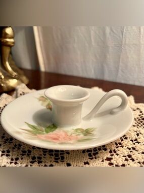 VTG Porcelain Chamberstick Candle Holder Rosebuds Hollywood Regency Victorian